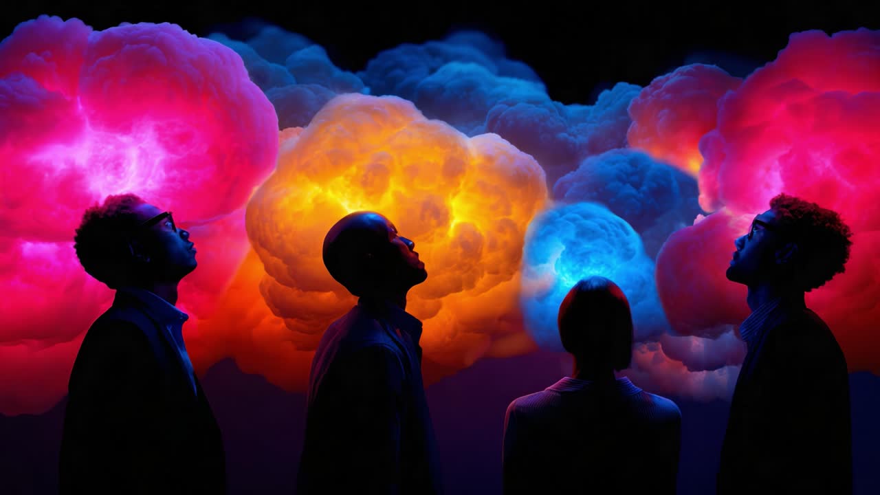 Four individuals gaze upward at vibrant clouds emitting bursts of colorful light, creating a surreal and captivating visual experience that draws attention to the dynamic interplay of color and form