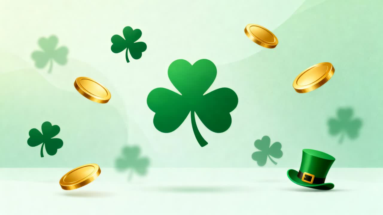 Starting large green shamrock holding center on pale green backdrop, coins rotating and hat tilting