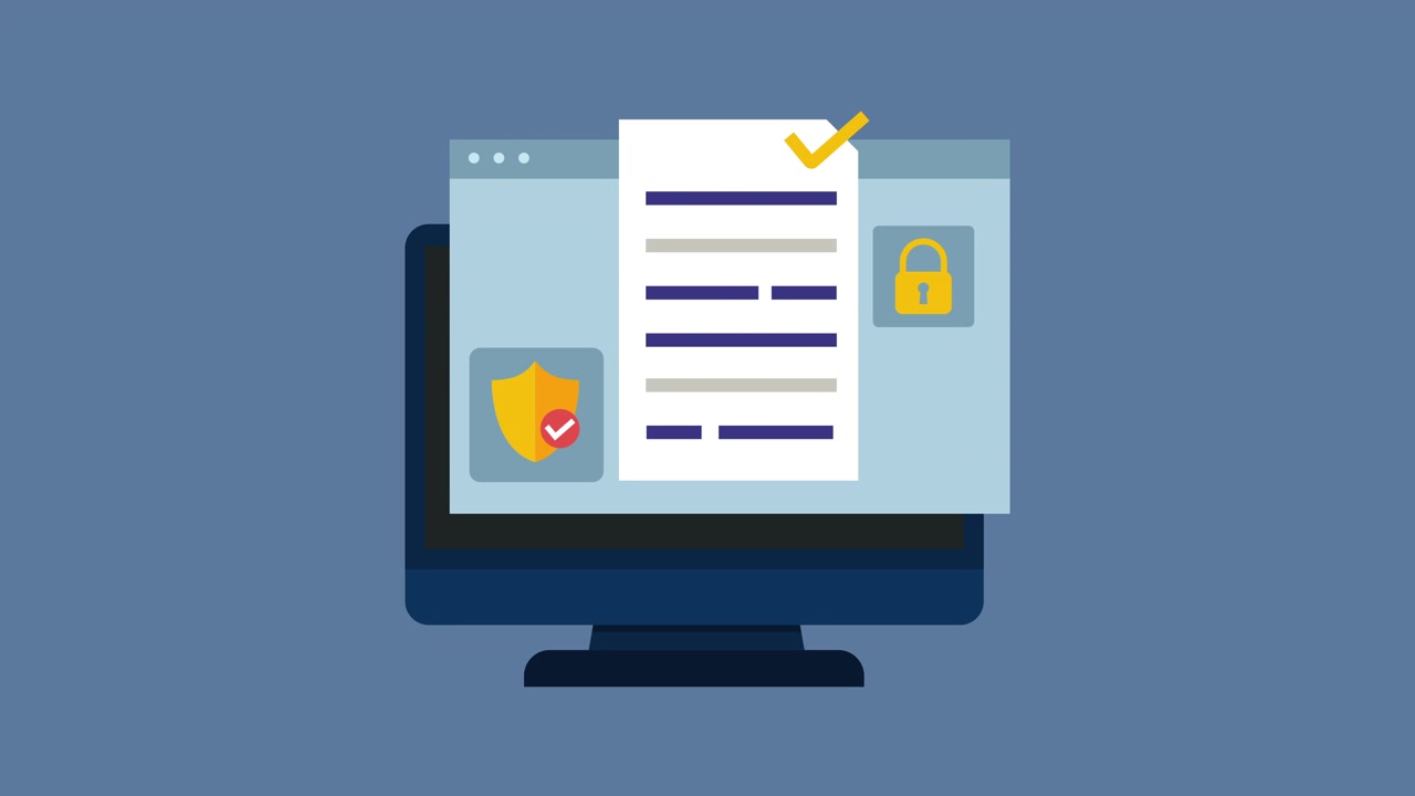 Animated Computer Screen Displaying Cybersecurity and Document Security Process