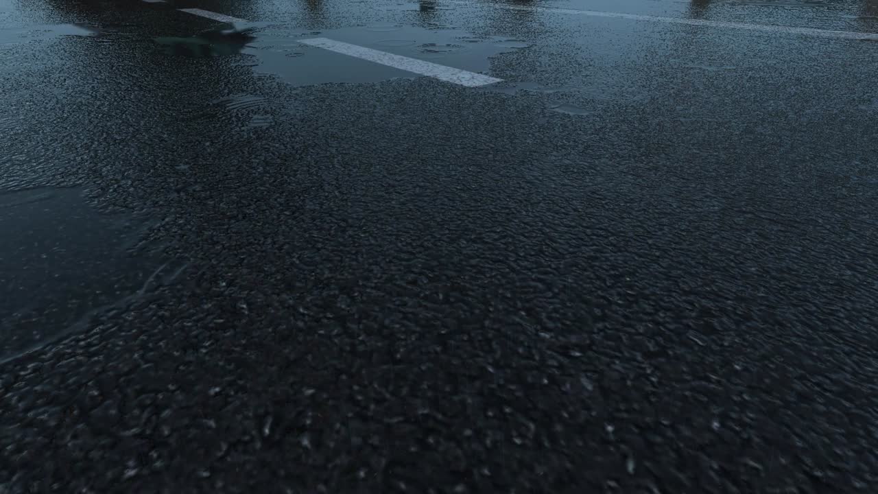 3d 강우가 밤에 도로를 때리는 - 4k 현실적인 비 입자 (loopable) - 교통과 함께 다채로운 거리에서 비가 오는 날 - 밤에 은 도로 - 비가 내리는 낮은 각도  - 도로에 비와 반사 - loopable 움직이는 이미지 - 파리