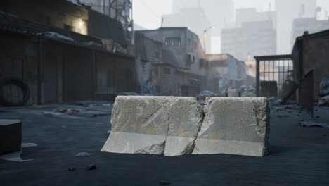 a broken concrete barrier sits in the middle of a ruined, post apocalyptic city