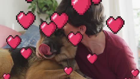 Animación-De-íconos-De-Corazón-Rojo-Sobre-Una-Mujer-Caucásica-Con-Un-Perro-Mascota