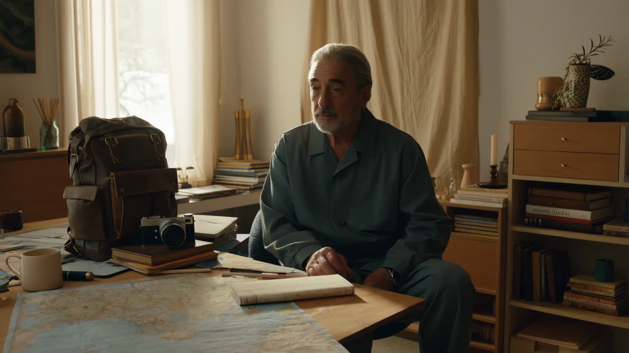 Man sitting at desk with travel items