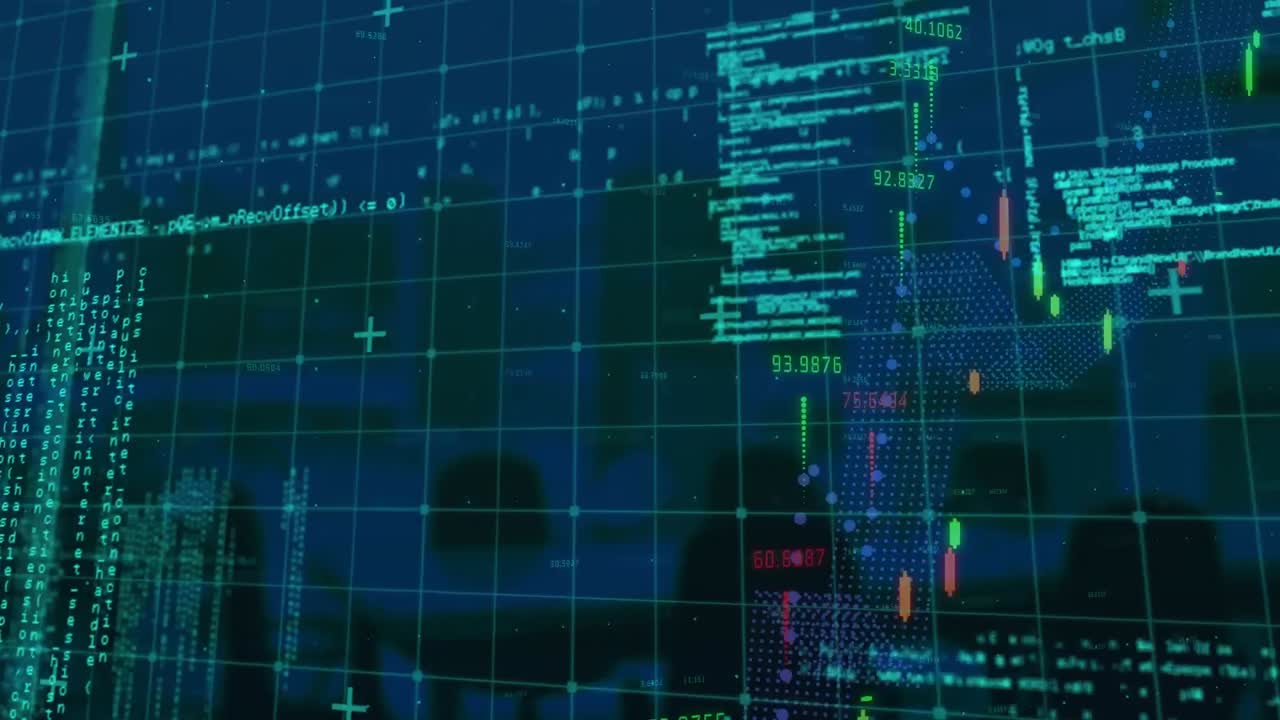 Animation of data processing over grid and cityscape on blue screen
