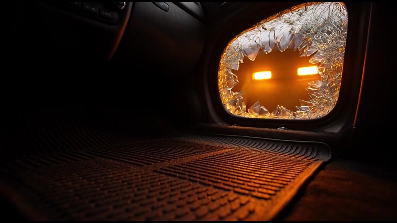 Finestrino dell'auto rotto con luci di emergenza lampeggianti all'esterno