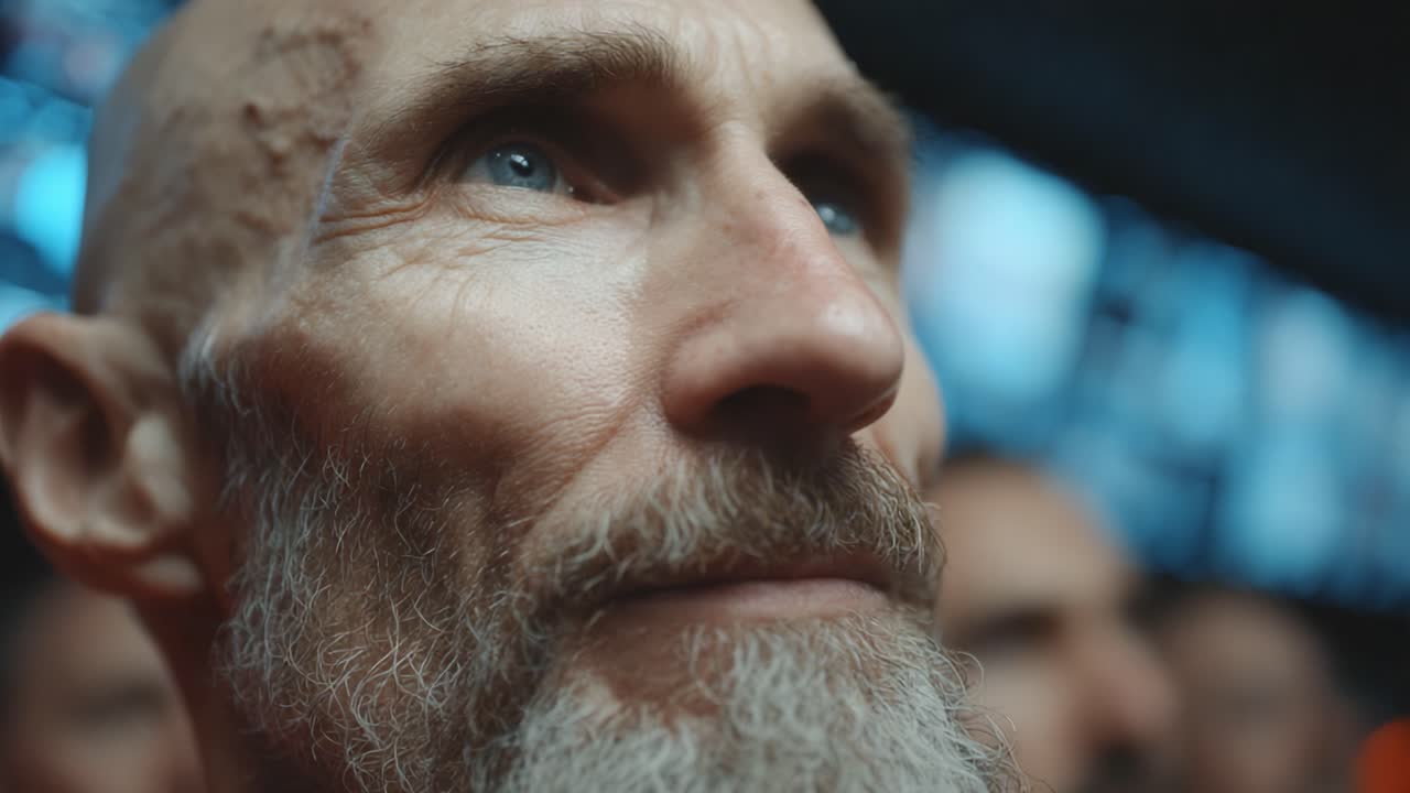 A Captivating Close-Up of an Elderly Man with Piercing Blue Eyes Amidst a Crowd, Reflecting Deep Emotion and Resilience in a Moment of Intense Observation