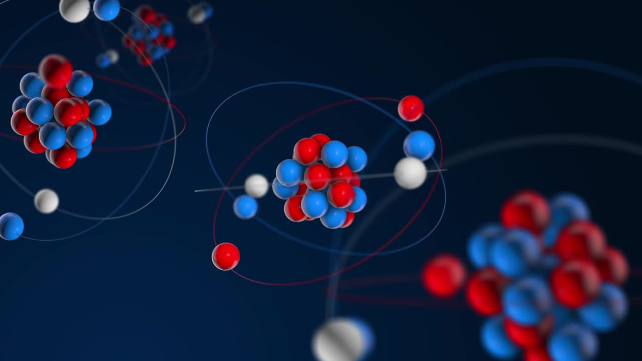 Atom 3d model, protons and neutrons in atomic nucleus and orbiting electrons, 4k