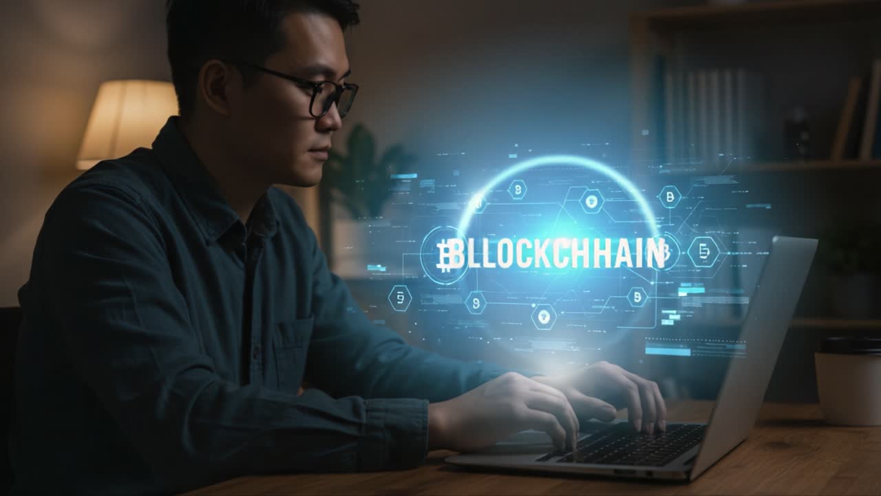A focused individual engaged in blockchain technology, showcasing the evolving digital landscape in modern finance through innovative data visualizations and analytical insights