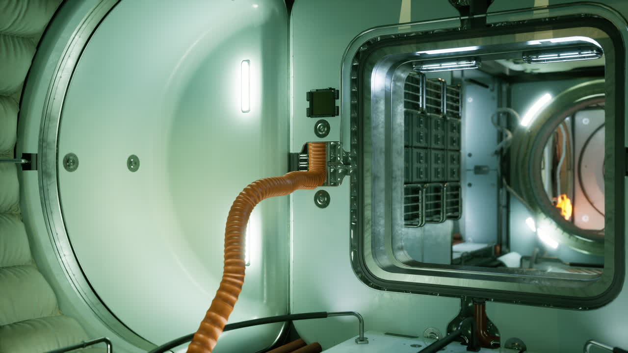 Interior view of a space station module with equipment and connections in orbit