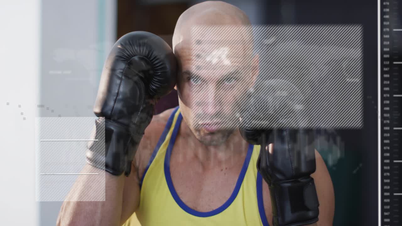 Male athlete holding boxing guard in gym, HUD maps appearing and causing glove shifting with charts