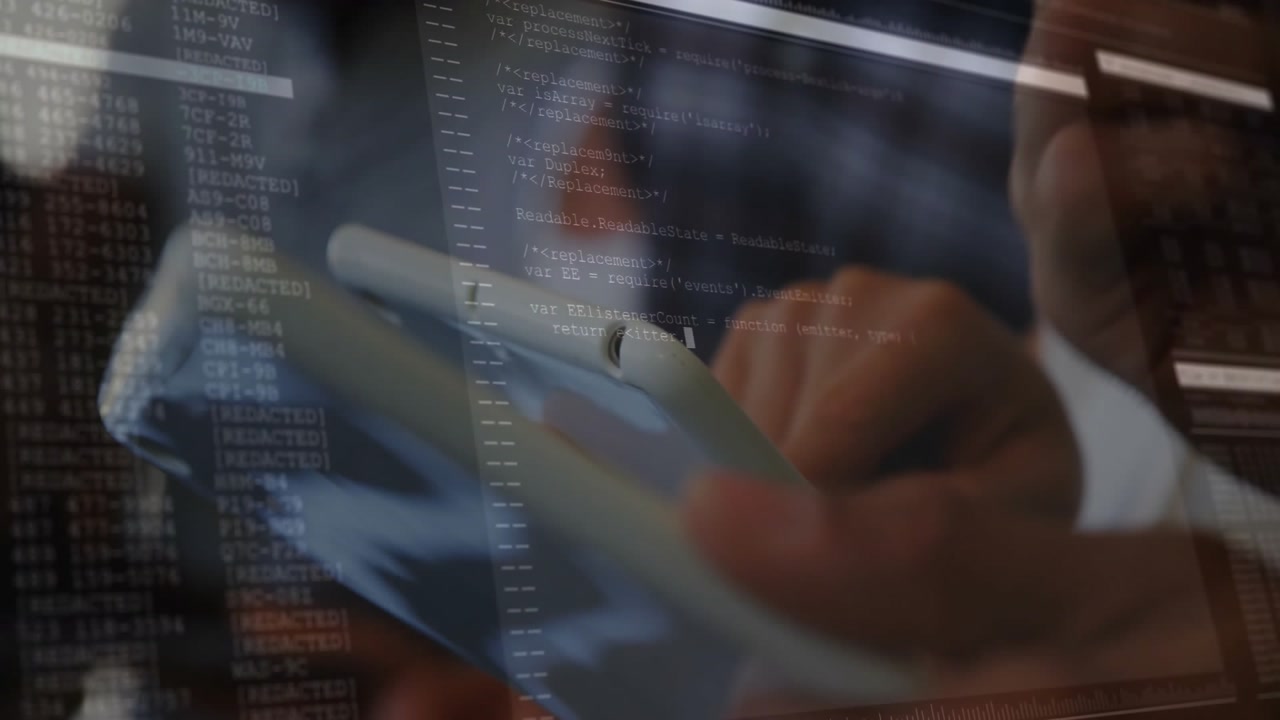 Fading code overlay initiating operator's hands tapping and swiping white tablet for code review