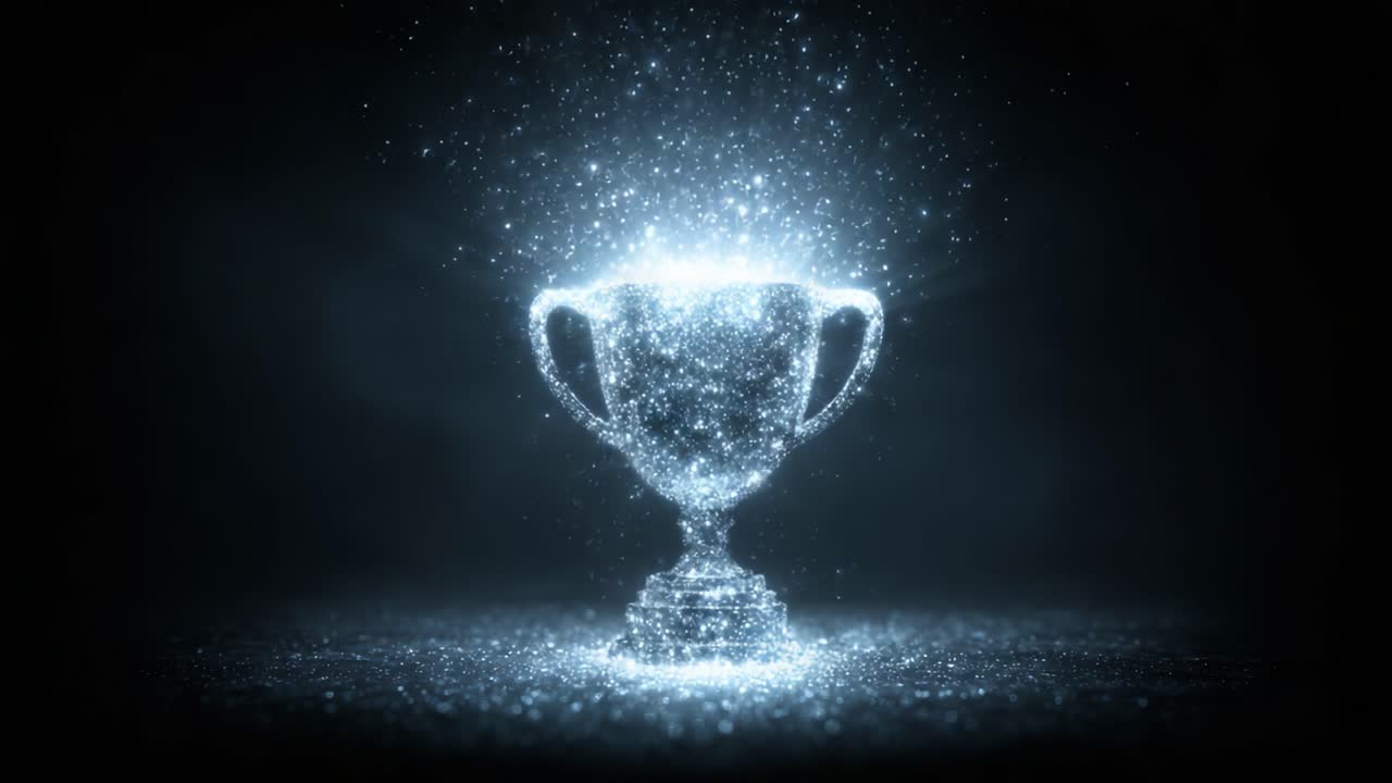 Trofeo Illuminato che Luccica con Particelle Cosmiche, una Visualizzazione Mozzafiato che Mostra l'Essenza della Vittoria e del Successo in un Ambiente Oscuro e Mistico