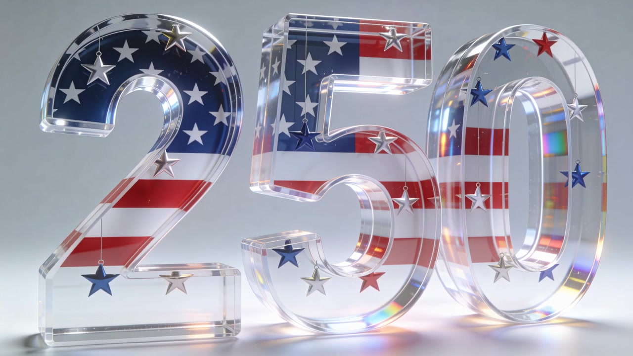 Shimmering glass 250 digits reflecting shifting lights in studio on floor, showing US flag stars