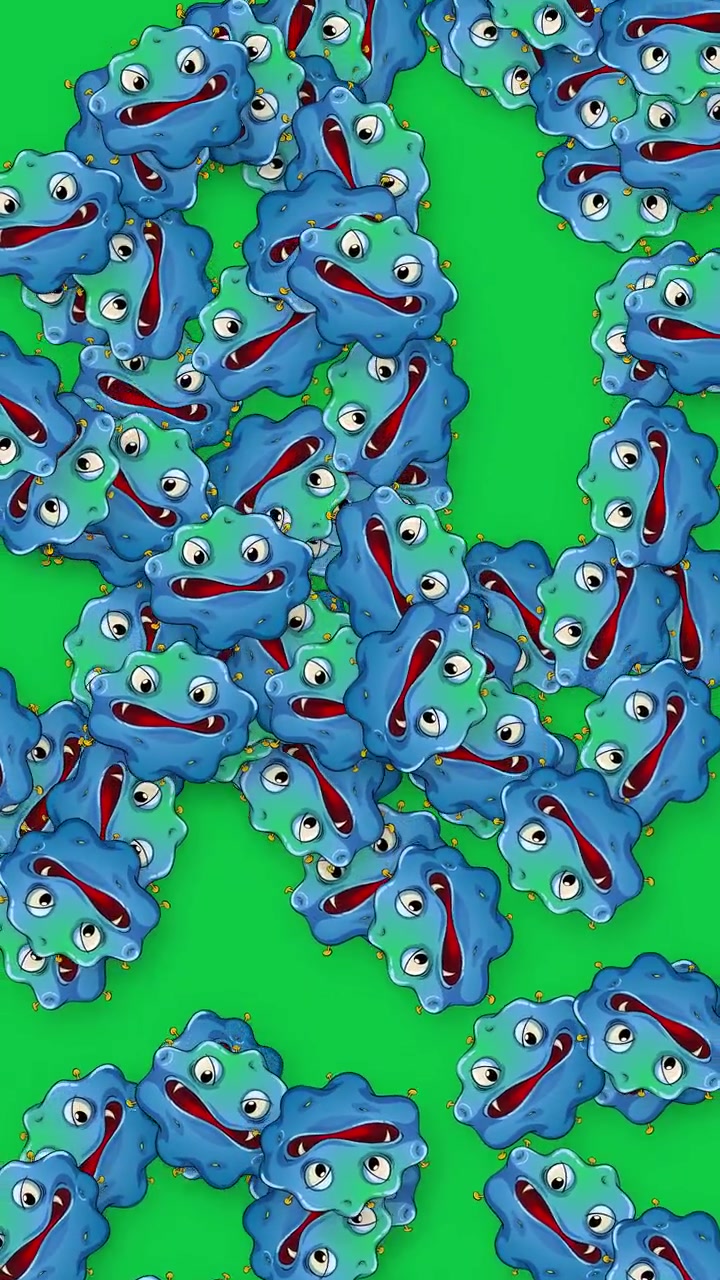 Animated blue monster microbes fall vertically through the frame against a solid green background.