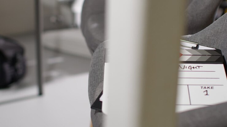 Close Up Of Film Clapperboard Or Slate With Production Details And Script Shooting Movie Or Video In Studio 2
