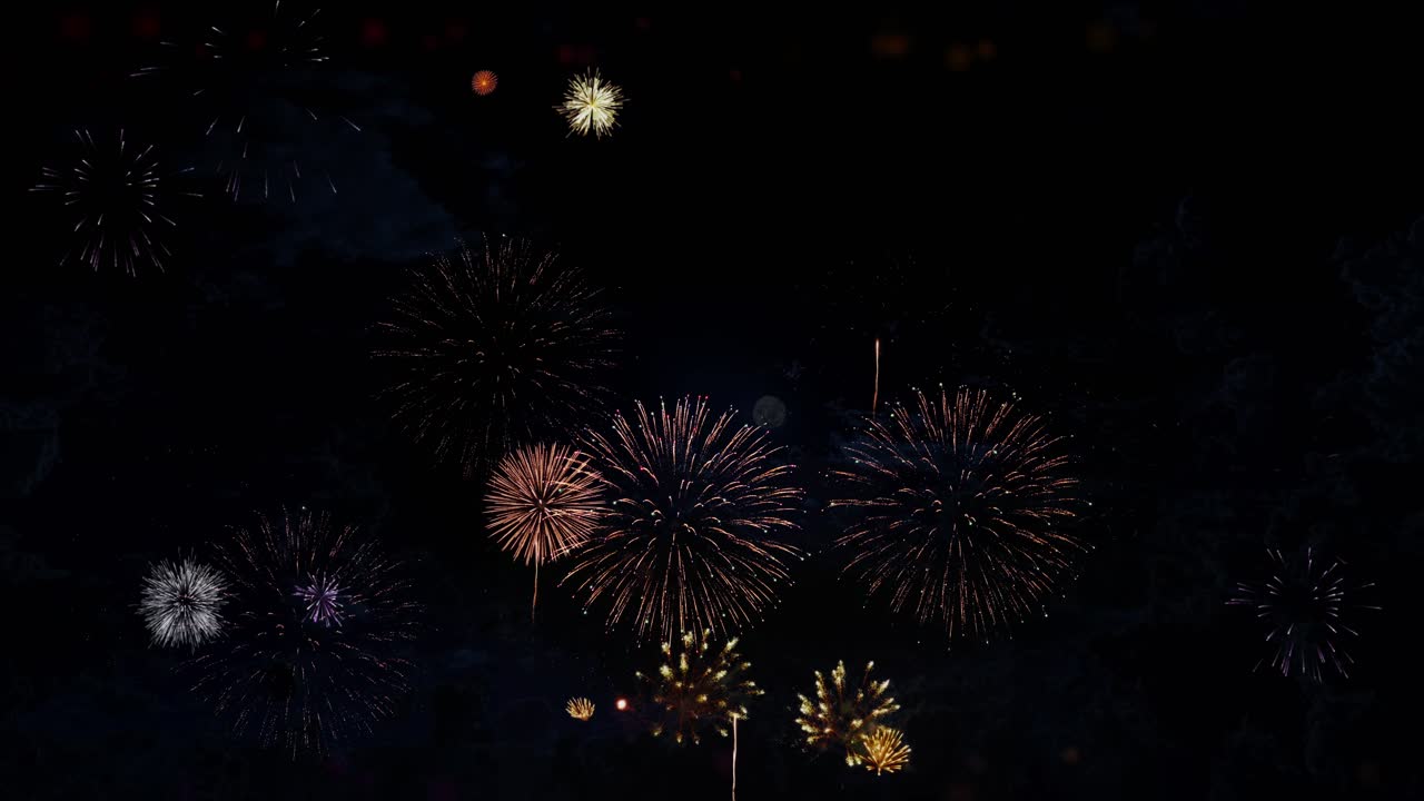 Colorful fireworks lights sky with bokeh background with copy space for new year celebration