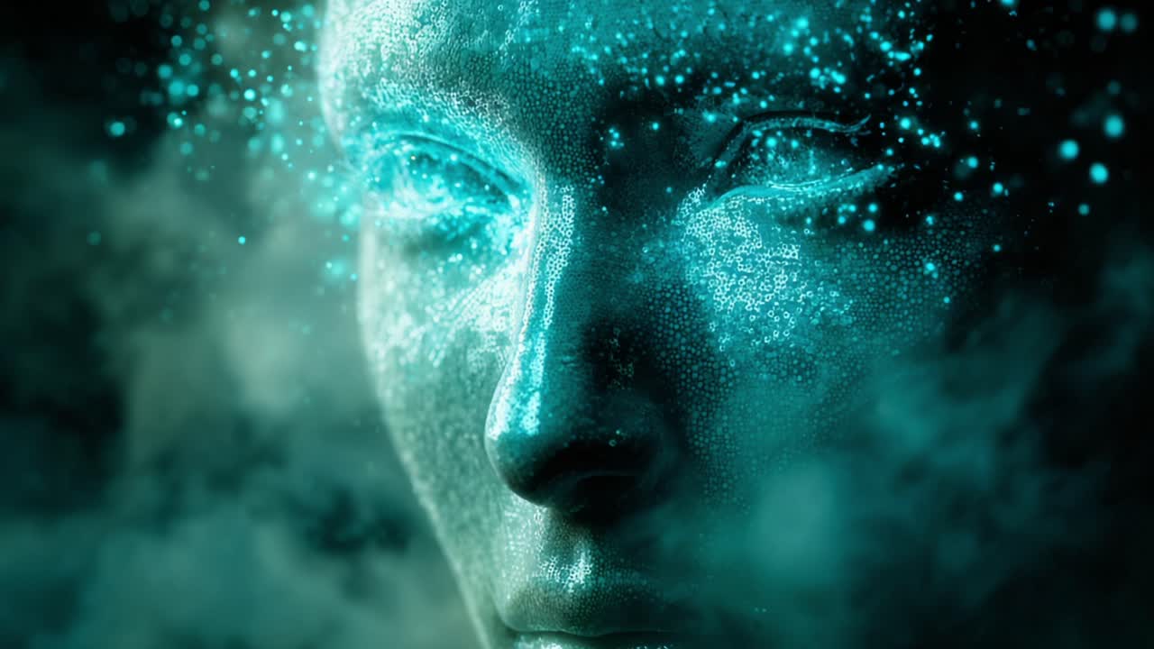 Close up of a mystical female android face with glowing eyes slowly disintegrating into shimmering cyan particles against a dark, ethereal background, symbolizing technology and spirituality