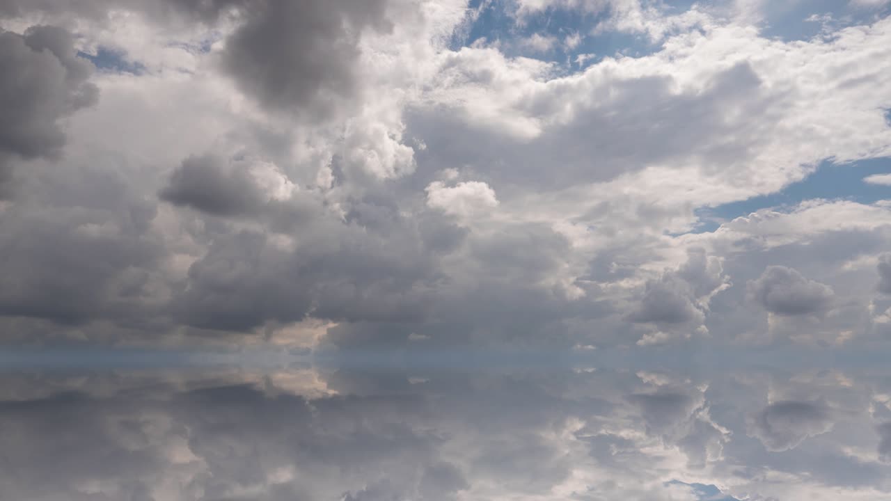 fondo futurista que consiste en un clip de lapso de tiempo de nubes blancas y esponjosas sobre el cielo azul y su reflejo, bucle de video