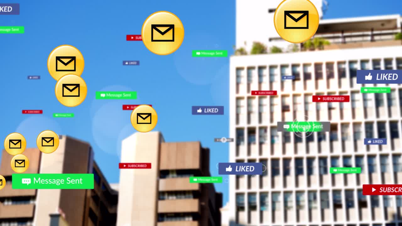 Animation of falling social media icons over cityscape | Premium Stock ...