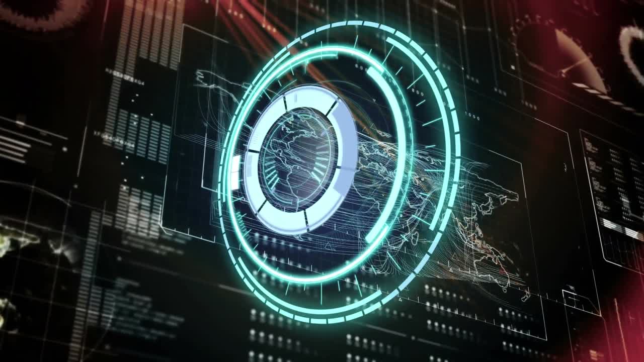 Animation of rotating safe lock over data processing on black background