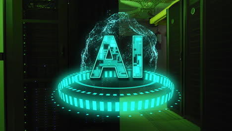 ai text animation over futuristic digital interface in data center