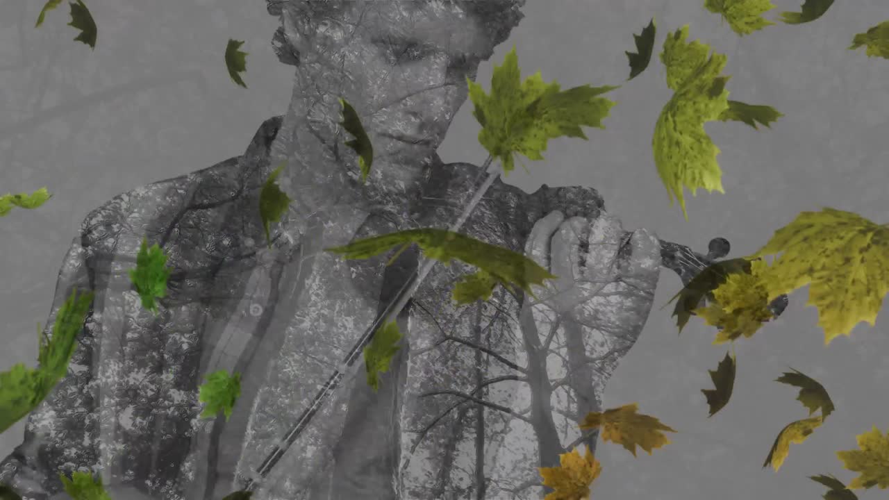 Animation of falling leaves over silhouette of caucasian man playing violin and trees