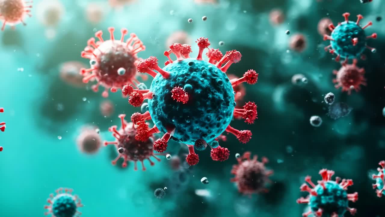 A close up of a virus with red and blue colors. The virus is surrounded by a blue and green background