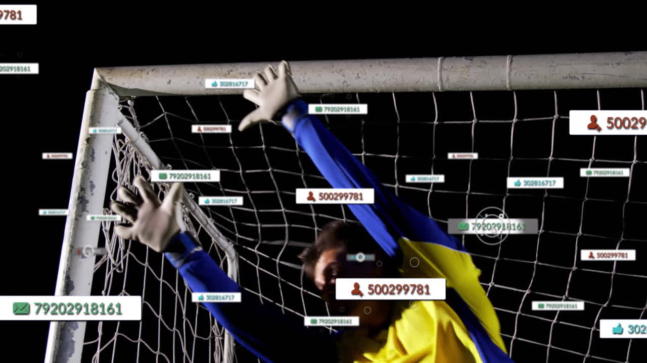 Animazione di un pallone da calcio che colpisce la rete con tag di dati e numeri visualizzati