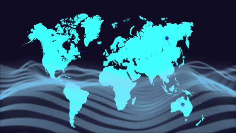 animation of world map over blue lines moving