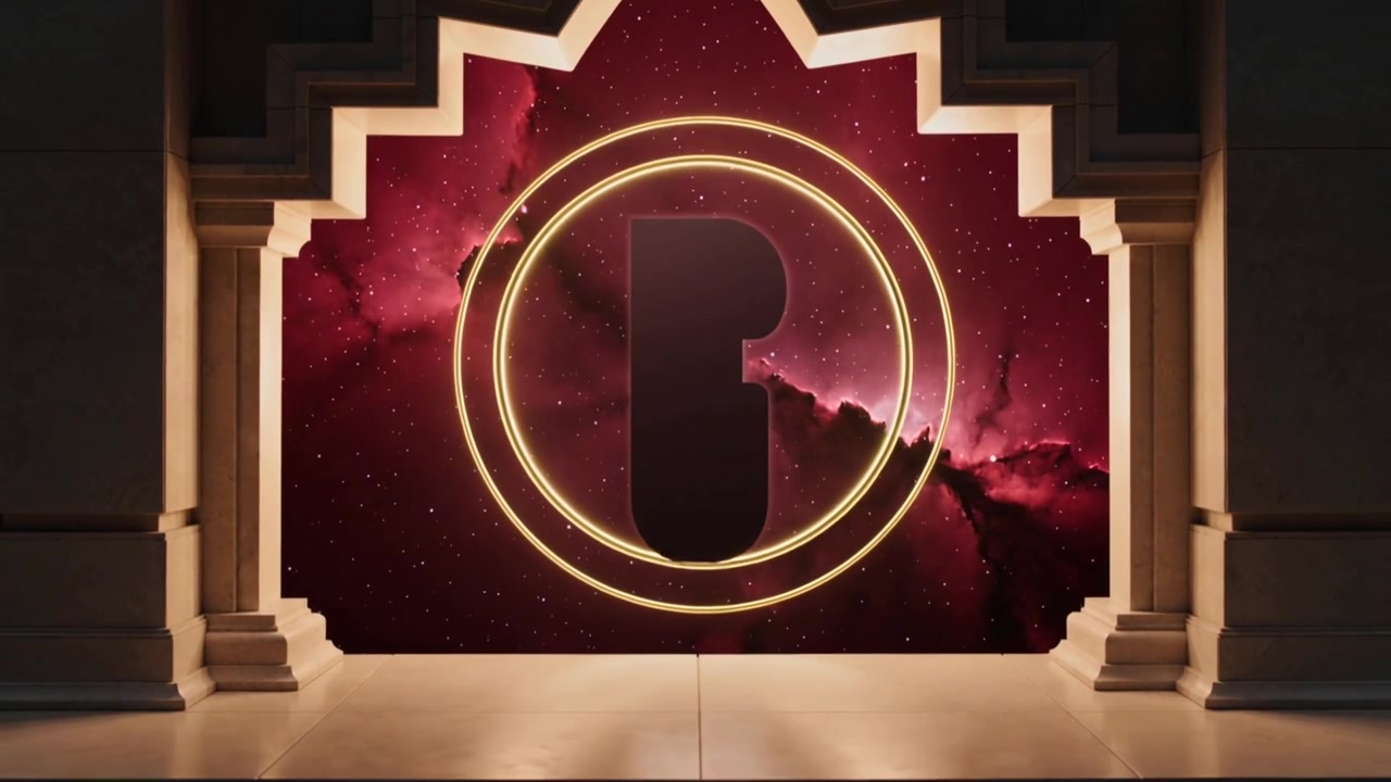 Un sottile anello dorato si forma, generando anelli scintillanti che si espandono attorno a un emblema nero in un arco, enfatizzando l'emblema
