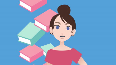 animación de una mujer hablando sobre iconos de libros