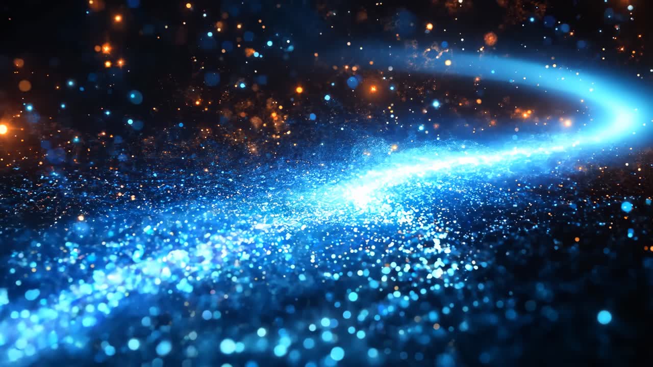 A blue line of light is shown in the dark sky. The blue line is surrounded by a lot of stars and the stars are scattered all over the sky. The blue line is the main focus of the image