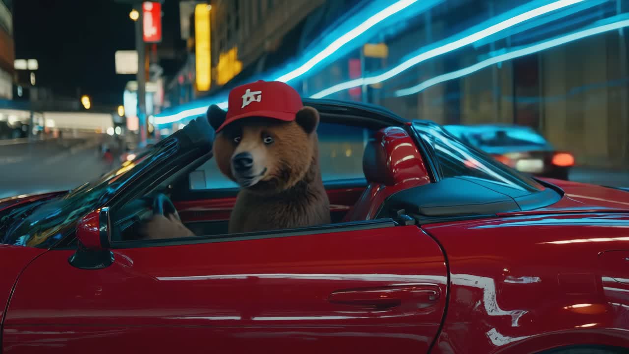 Bear driving a convertible at night