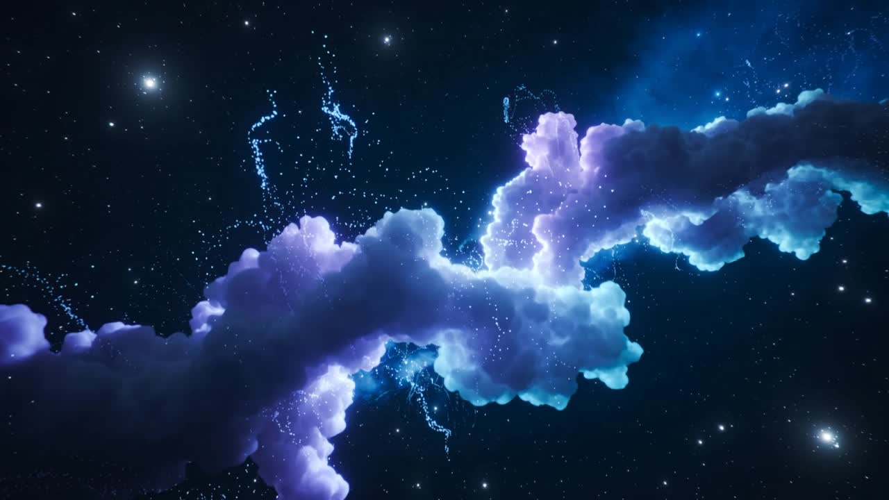 Video verticale: un filamento di nebulosa si sposta mentre i fotogrammi avanzano, rilasciando particelle e archi elettrici nello spazio.