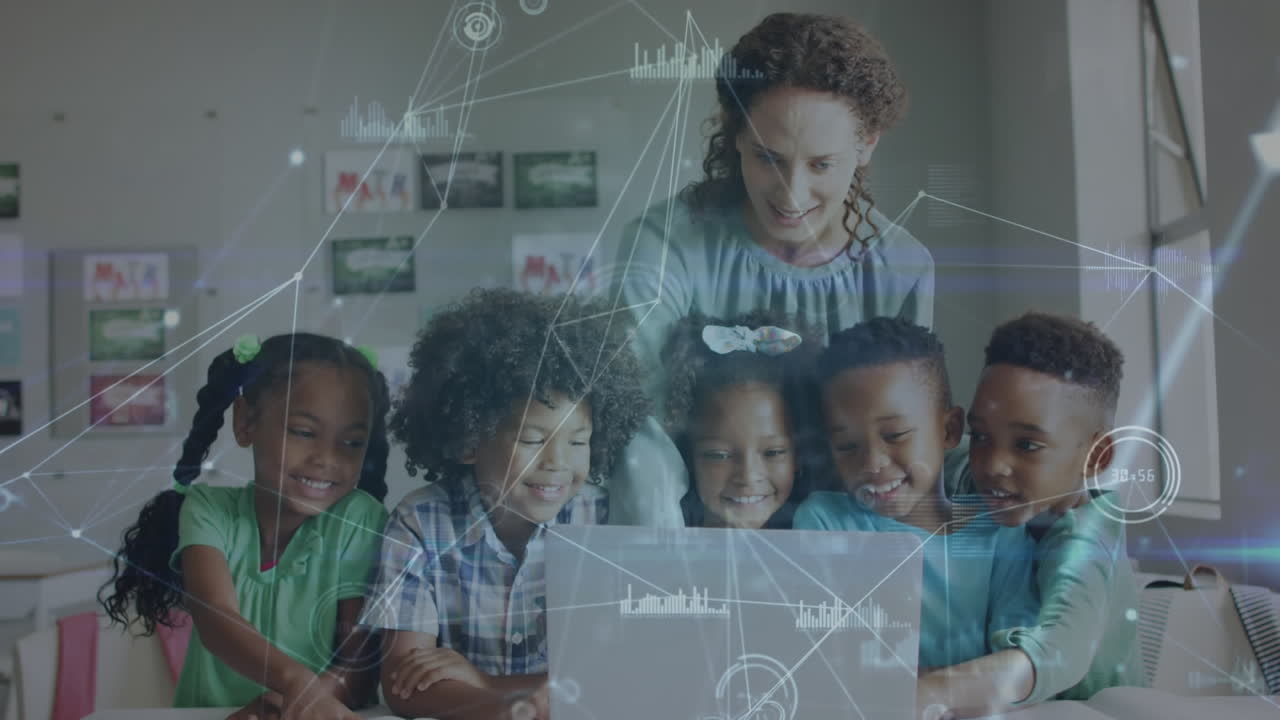 Animation of data processing over happy diverse female teacher and pupils using laptop in class