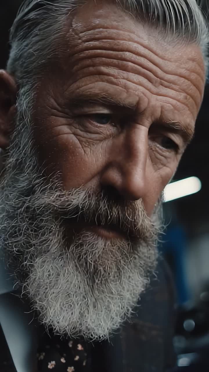 Un primo piano intimo di un gentiluomo distinto con una barba sorprendente e un'espressione pensierosa, catturato durante una ripresa video in stile vintage