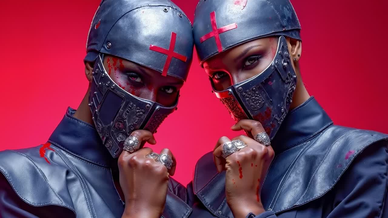 A couple of people wearing helmets with blood on their faces