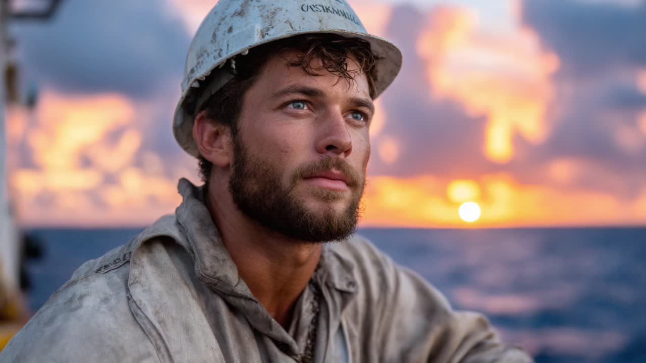 Contemplative Maritime Worker Gazing at Sunset Over the Ocean, Reflecting on Life and Hard Work with a Backdrop of Vibrant Colors and Calm Waves