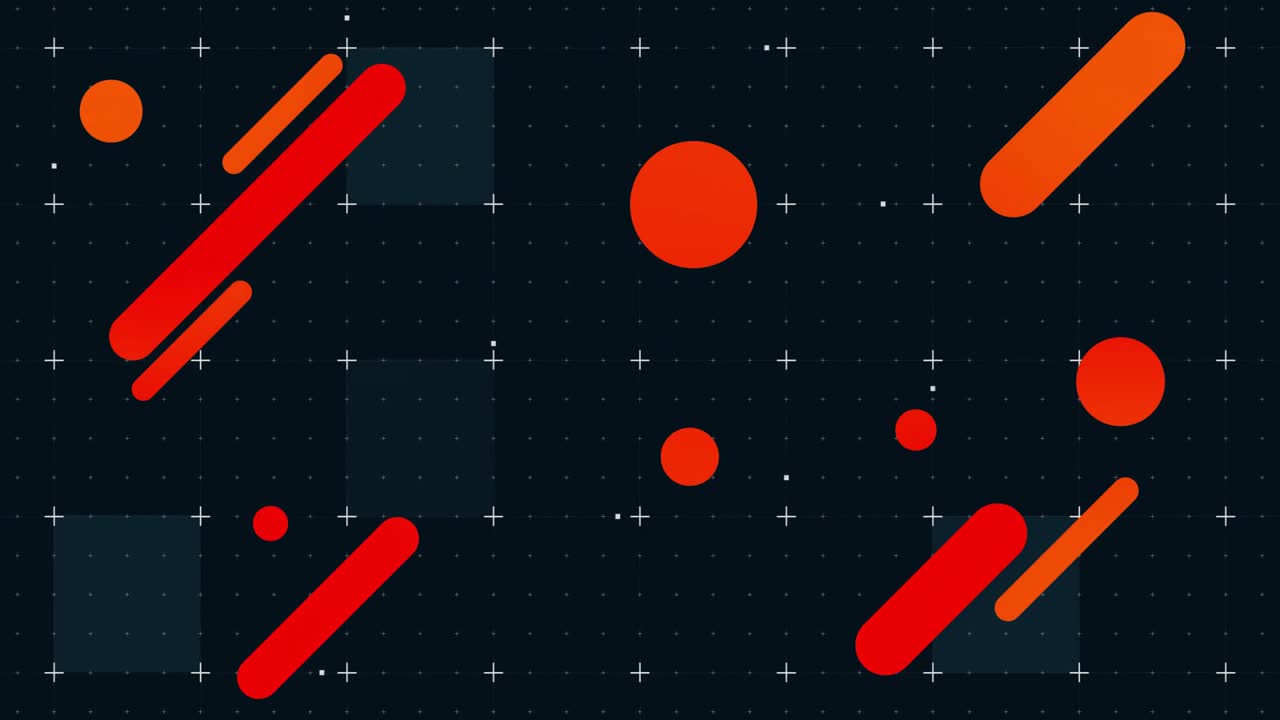 Frame shifting circles and red orange bars sliding on grid while blocks fading forming final scene