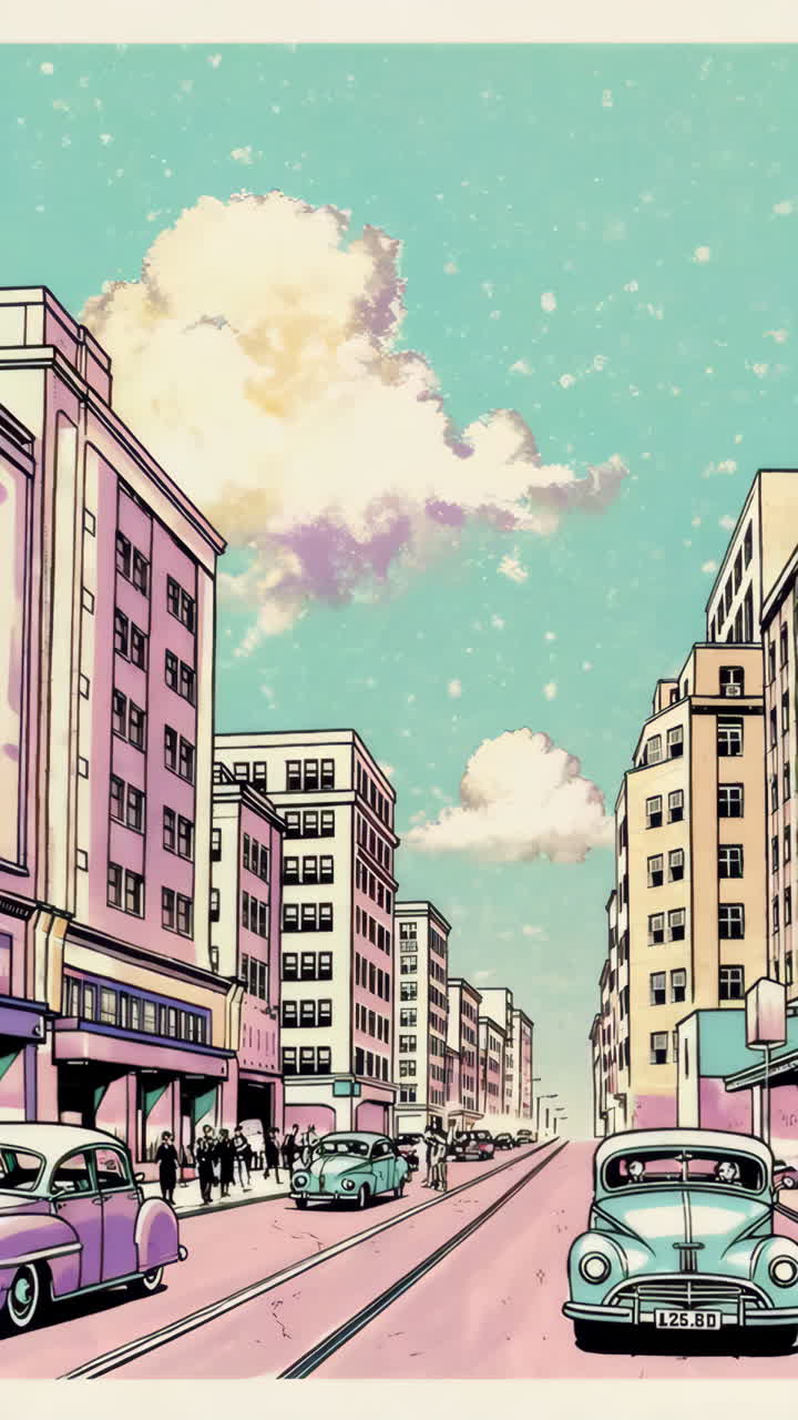 Retro Comic Art City Scenes with Vintage Vehicles