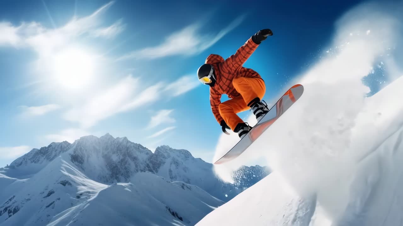 Dynamic low-angle shot of a snowboarder in mid-air against snowy mountains