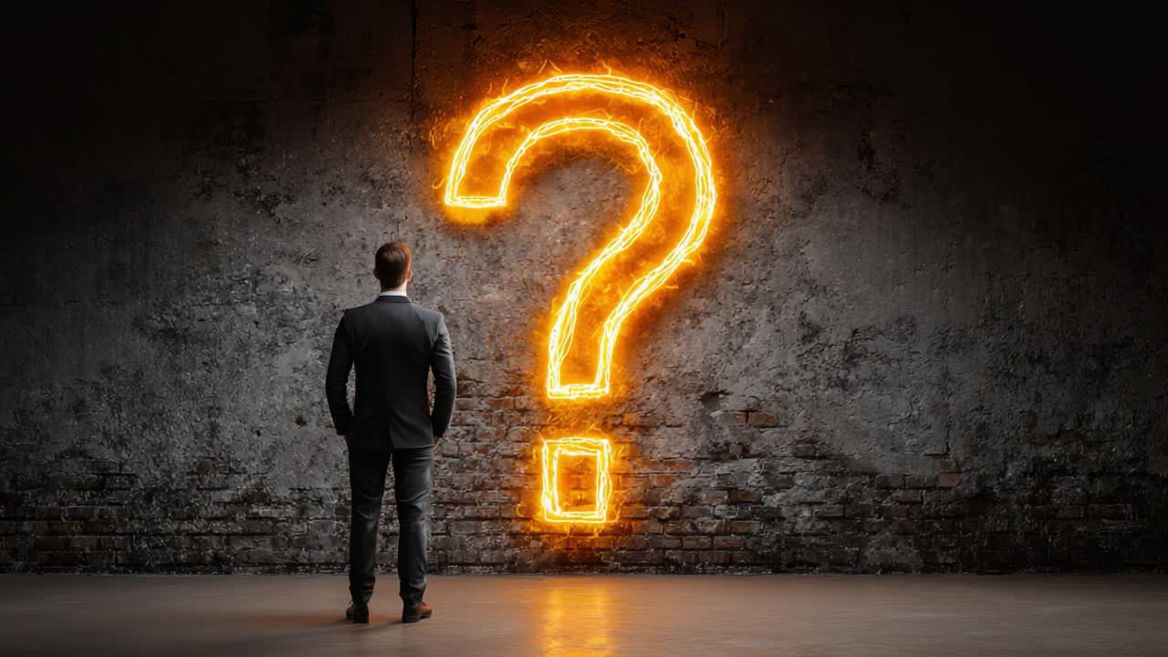 A Pensive Man Contemplates a Glowing Question Mark on a Dark Wall, Symbolizing Uncertainty and Inquiry in Modern Life, Inviting Deep Reflection and Exploration