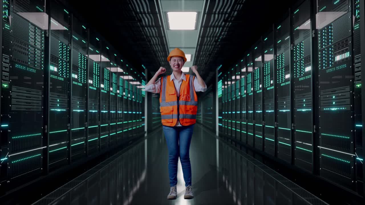 Full Body Of Asian Female Engineer With Safety Helmet Screaming Goal Celebrating Working in Server Room Data Center