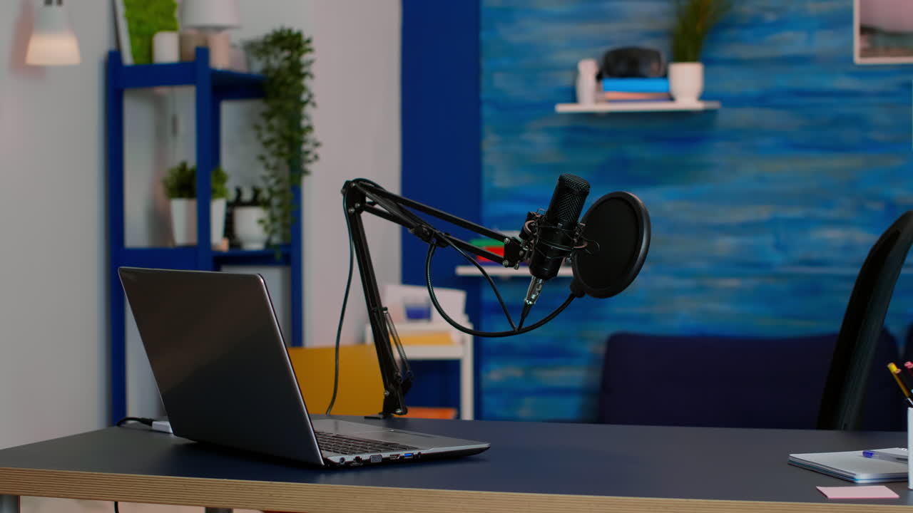 Online live podcast studio desk with microphone in home studio