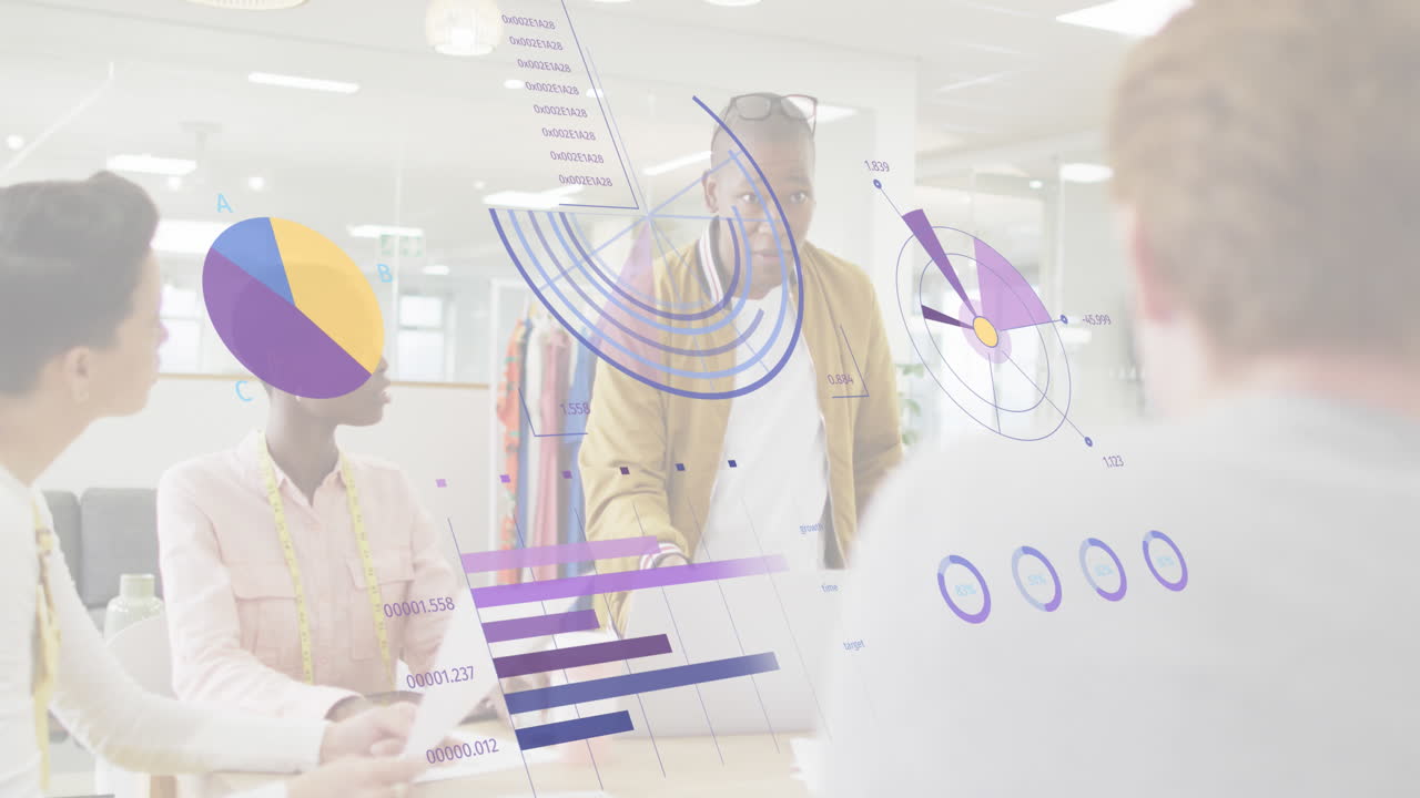 Animation of financial data processing over diverse business people