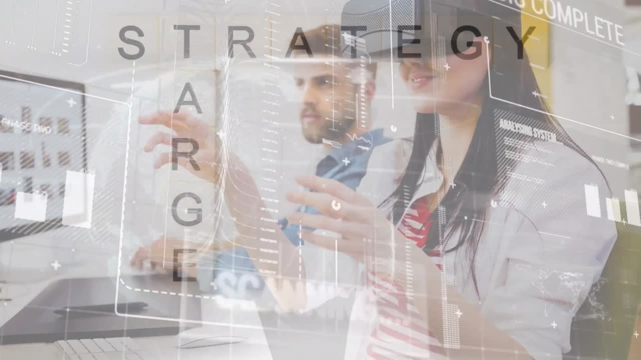 animación del procesamiento de datos sobre personas de negocios caucásicas que usan auriculares vr.