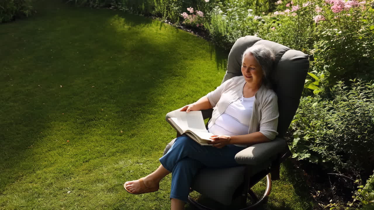 Elderly Woman Relaxing and Reading a Book in a Sunny Garden