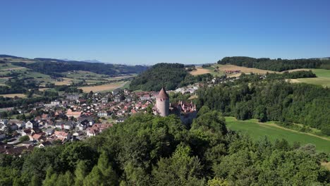 lucens switzerland medieval town castle historical heritage site aerial drone