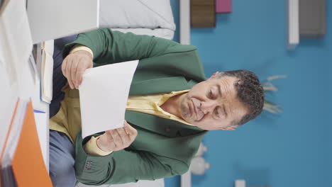 video vertical de un anciano trabajador de la oficina en casa examinando y analizando documentos.