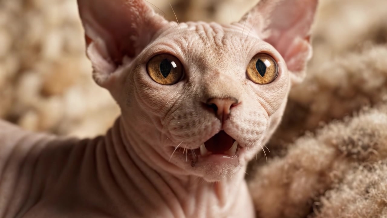 Um Close-up de um Gato Único com Rugas Distintas e Olhos Expressivos, Capturando Seu Caráter Brincalhão em um Cenário Aconchegante